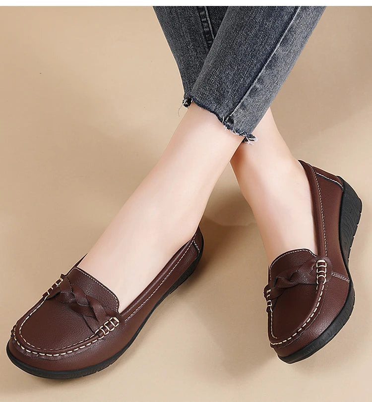 Women's Leather Loafers - Comfortable Slip-On Flat Shoes