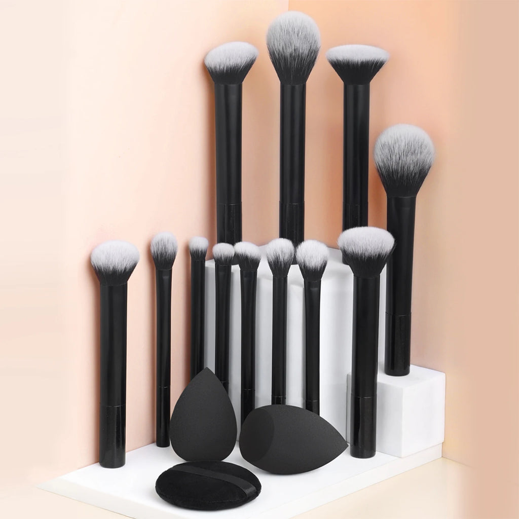 15pcs professional makeup brush set - classic everyday including 2pcs bevel and water drop beauty egg, 1 powder puff beauty tool