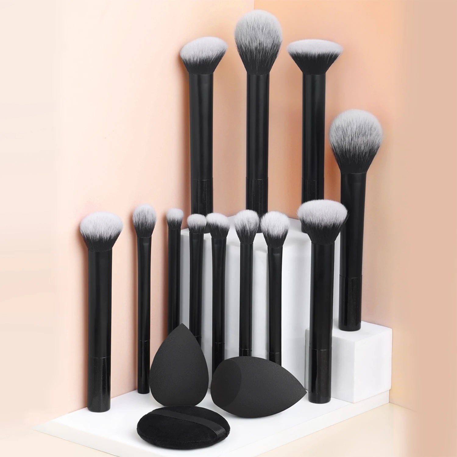 15pcs professional makeup brush set - classic everyday including 2pcs bevel and water drop beauty egg, 1 powder puff beauty tool