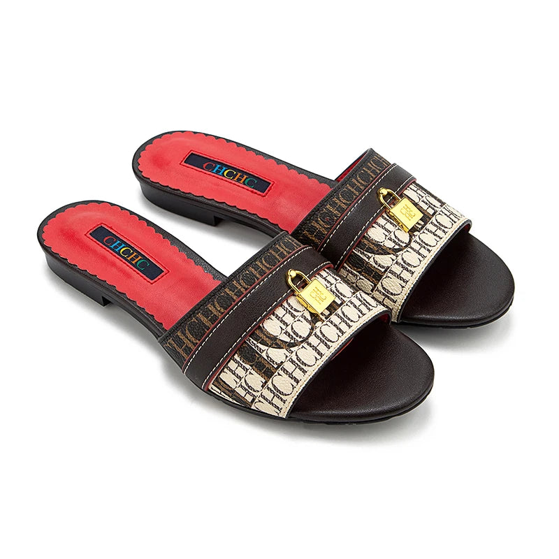 CH High Quality Metal Lock Monogram Print Women's Low Heeled Slippers Delicate and Versatile Women's Fashion Slippers