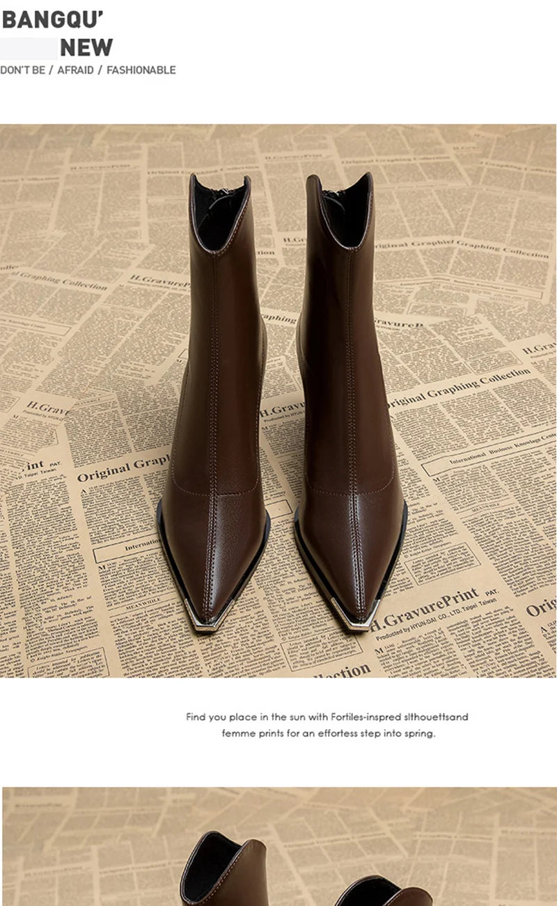 Pointed Toe Ankle Boots - Elegant High Heel Booties with Back Zipper