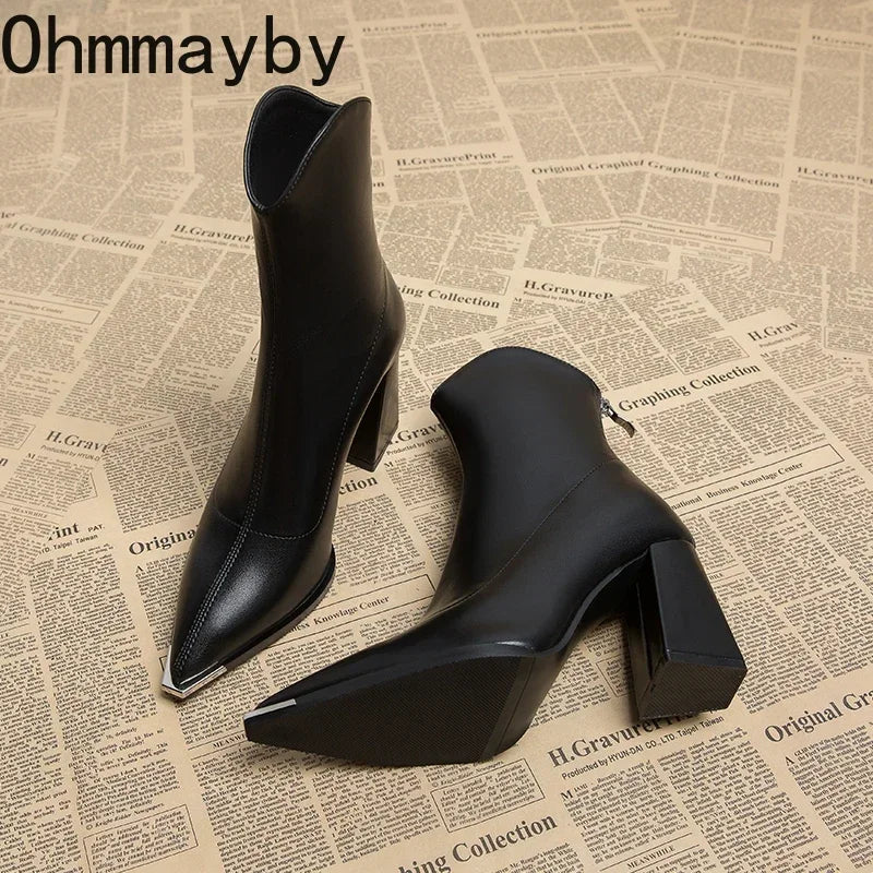 Pointed Toe Ankle Boots - Elegant High Heel Booties with Back Zipper