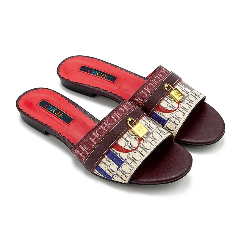 CH High Quality Metal Lock Monogram Print Women's Low Heeled Slippers Delicate and Versatile Women's Fashion Slippers