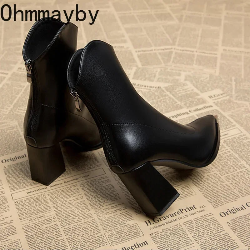 Pointed Toe Ankle Boots - Elegant High Heel Booties with Back Zipper