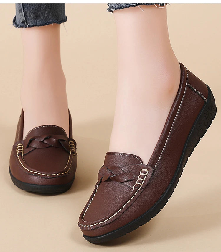 Women's Leather Loafers - Comfortable Slip-On Flat Shoes