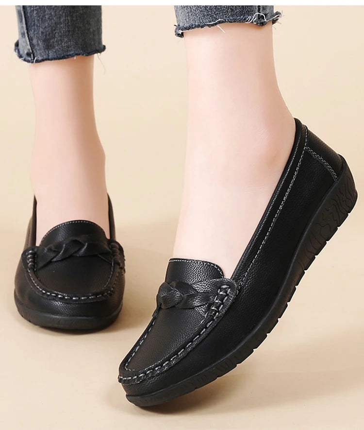 Women's Leather Loafers - Comfortable Slip-On Flat Shoes