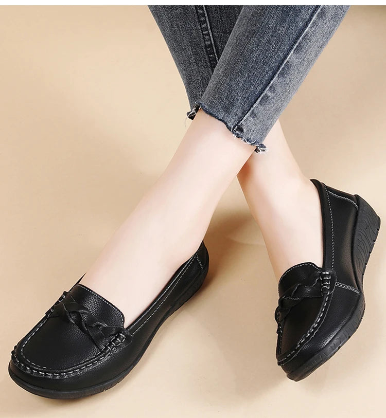 Women's Leather Loafers - Comfortable Slip-On Flat Shoes