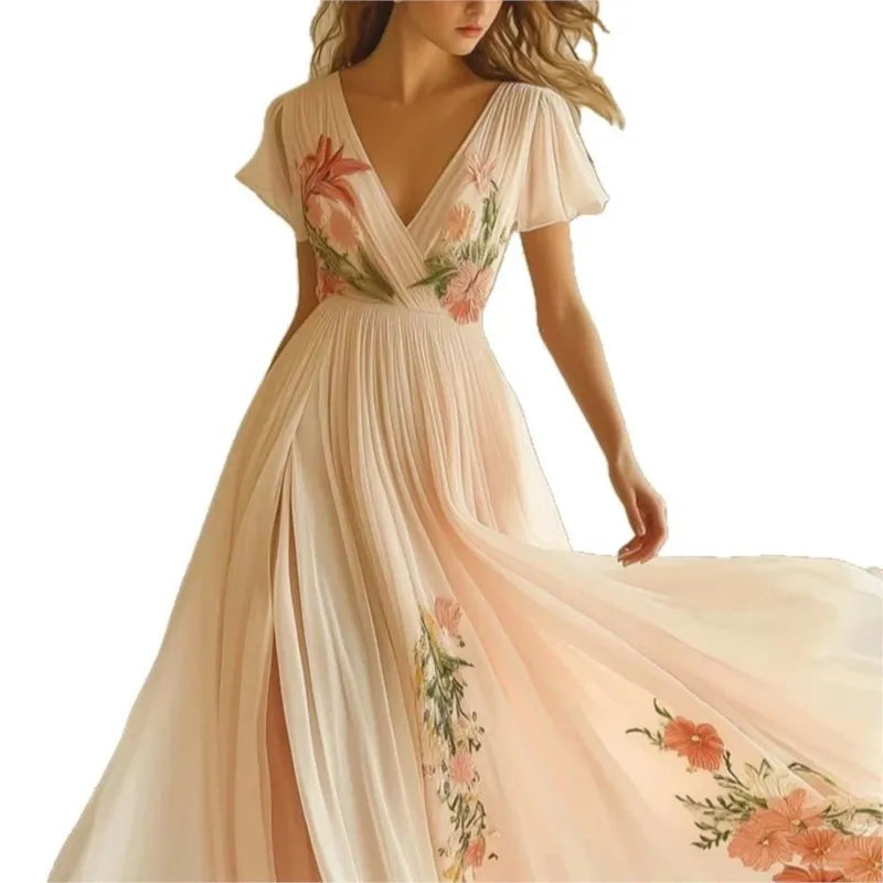 Floral V-Neck Boho Maxi Dress - Flowy Summer High Waist Dress