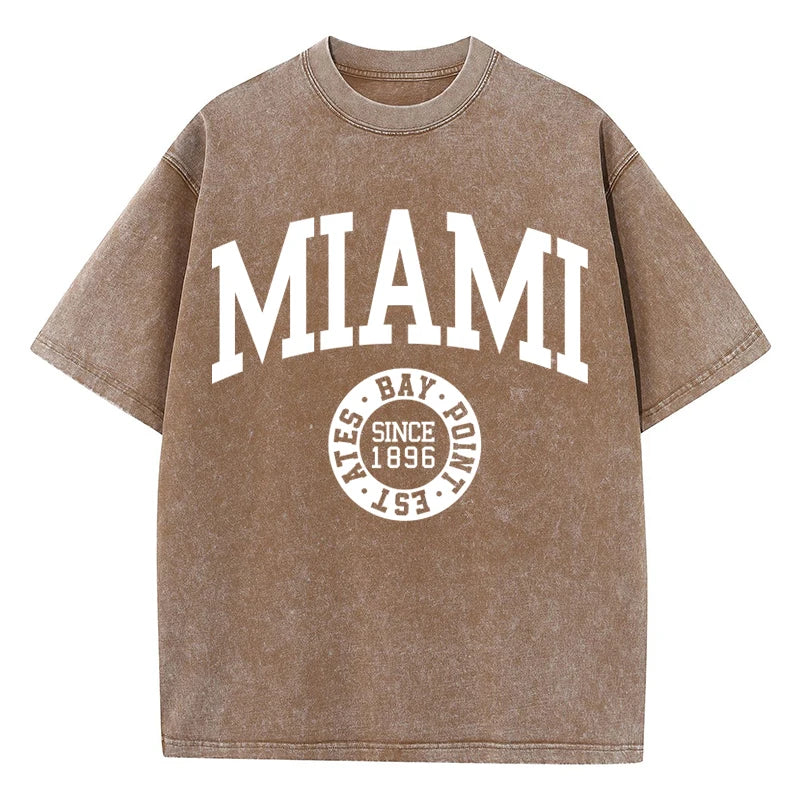 Women'S Cotton Washed T-Shirts Trend O-Neck Distressed Tee Shirts Miami Usa Printed Short Sleeve Summer Street Female Clothes