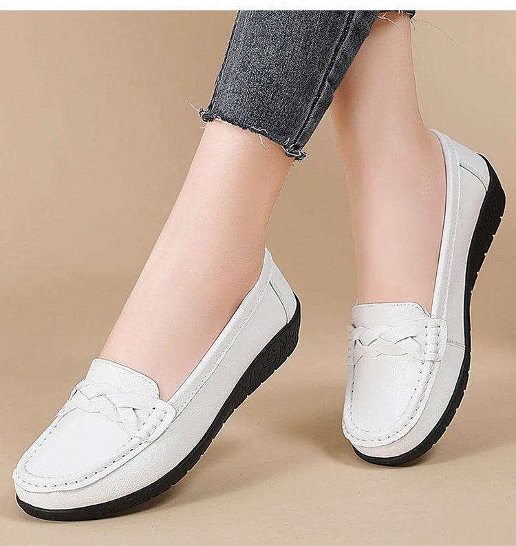 Women's Leather Loafers - Comfortable Slip-On Flat Shoes