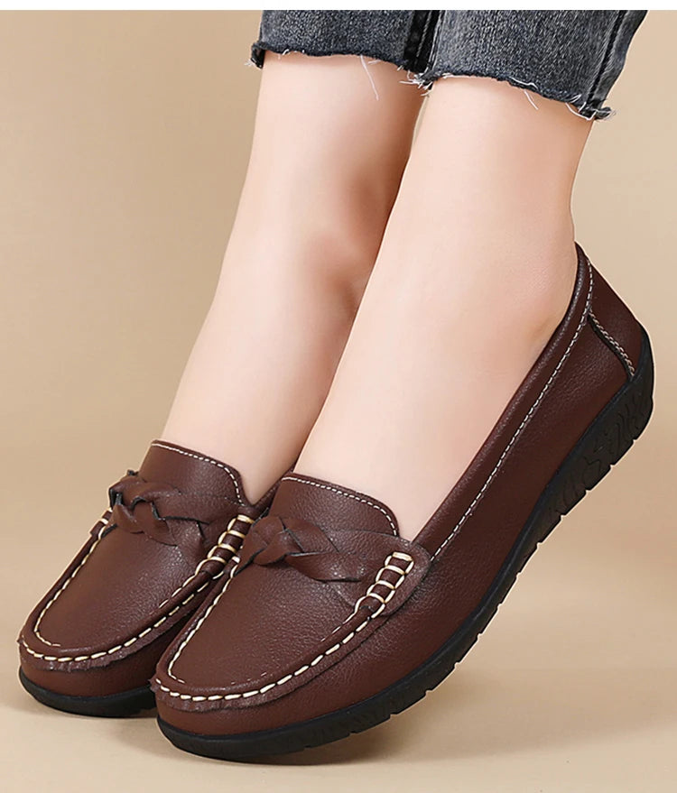 Women's Leather Loafers - Comfortable Slip-On Flat Shoes