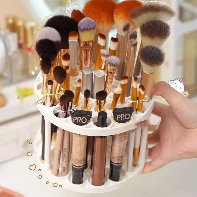 Rotating Makeup Brush Organizer - Desktop Cosmetics Storage Holder for Vanity