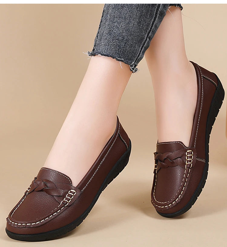 Women's Leather Loafers - Comfortable Slip-On Flat Shoes