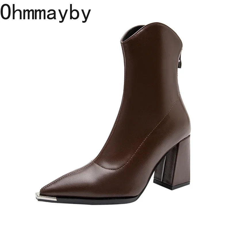 Pointed Toe Ankle Boots - Elegant High Heel Booties with Back Zipper